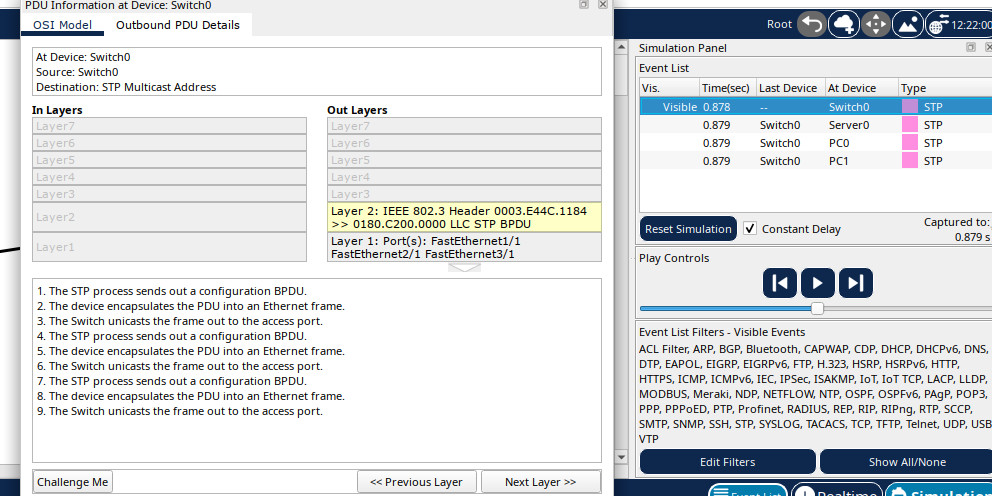 The Packet Tracer Simulation Panel showing captured protocol data and PDU movements.